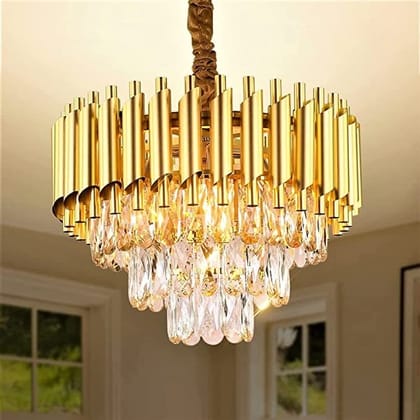 SPARKWORLD Gold Crystal Gold Polish Metal 400Mm Chandelier Hanging Ceiling Pendant Jhoomer Chandelier Ceiling Lamp | Size: 40X40 cm | Colour: Gold(400mm)