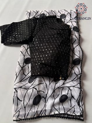 New Partywear White n Black Color Print n Lace Work Fancy Designer Saree With Stitched Chikankari Blouse