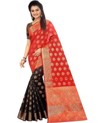 Gazal Fashions Banarasi Silk Saree With Unstitched Blouse Piece ( Red,Black )