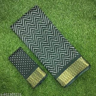 Dark Green Colour Zigzag Printed  Print Zari Border Dola Silk Saree With Blouse Piece