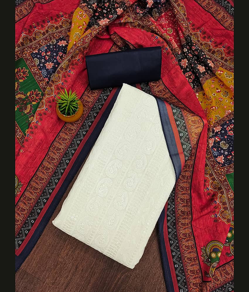 Rangtulika Ethnics Unstitched Cotton Embellished Dress Material - White ( Pack of 1 )
