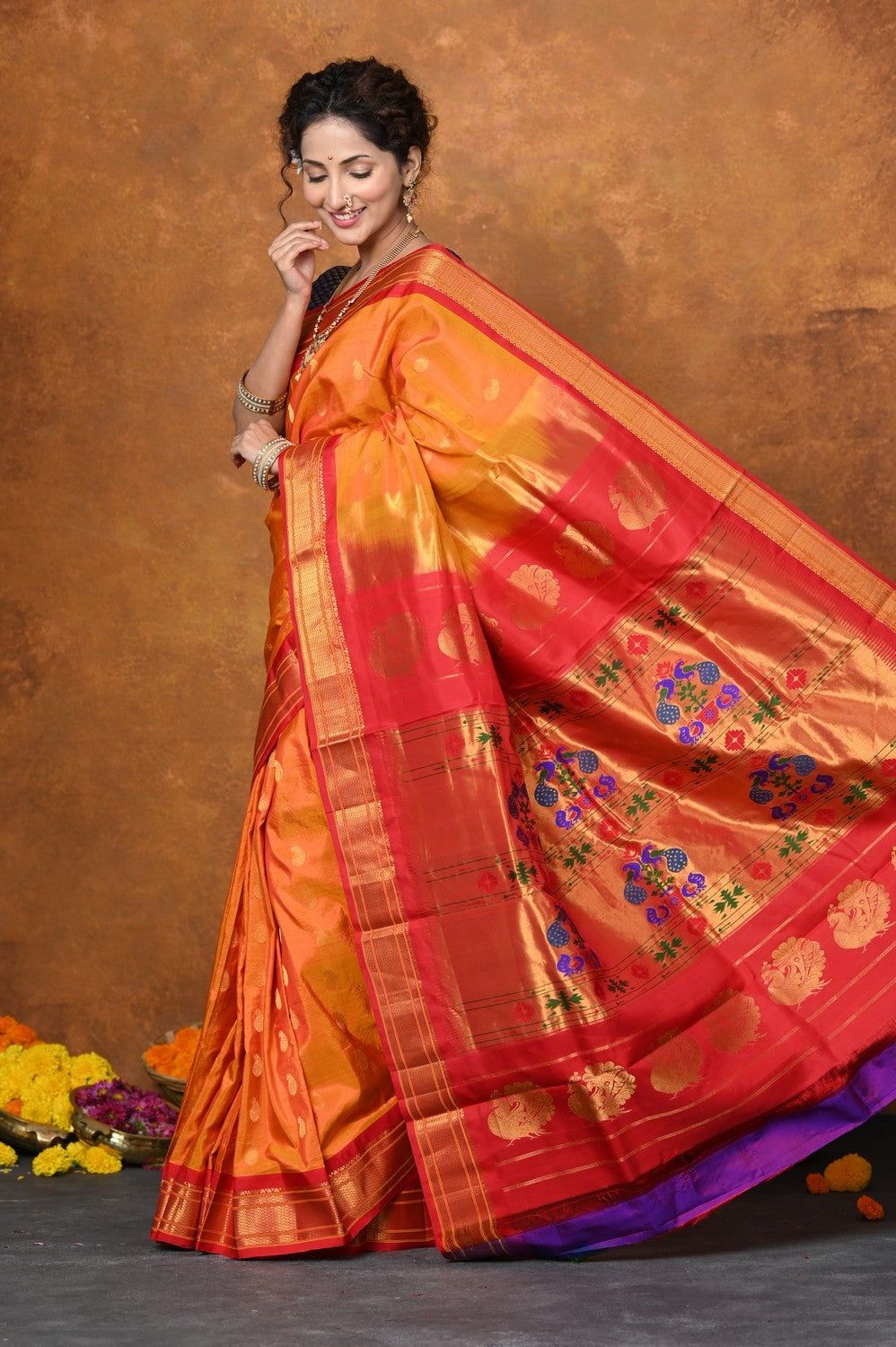 Rajsi ~ Handloom Pure Silk Maharani Paithani With Handcrafted Traditional Maharani Pallu~ Olivia Yellow