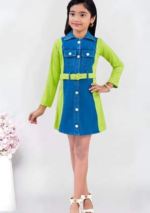 Girl's Denim One-piece With Belt [GD-9944](4-12 Years)-7-8Y (Size - 30) / Denim