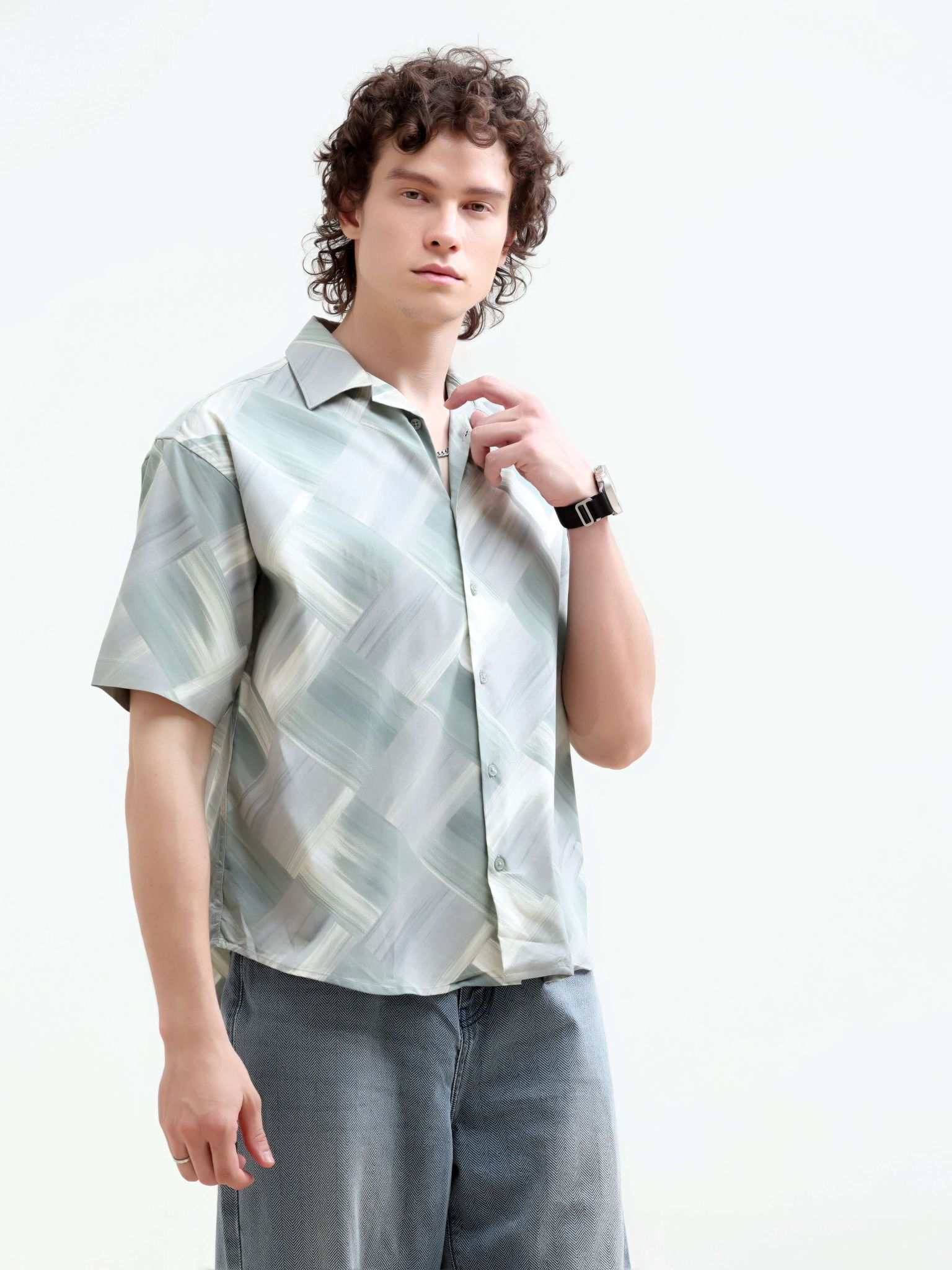 Minos Green Printed Oversized Shirt-L