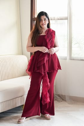 Aremila Maroon Organza Frills Co ord Set-S