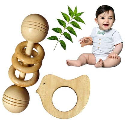 Natural Neem Wooden Baby Rattle and Teether Set, Organic Dummble Ring Rattle with Bird Design, 100% Natural Materials Natural Neem Wooden Baby Rattle and Teether Set, Organic Dummble Ring Rattle with Bird Design, 100% Natural Materials
