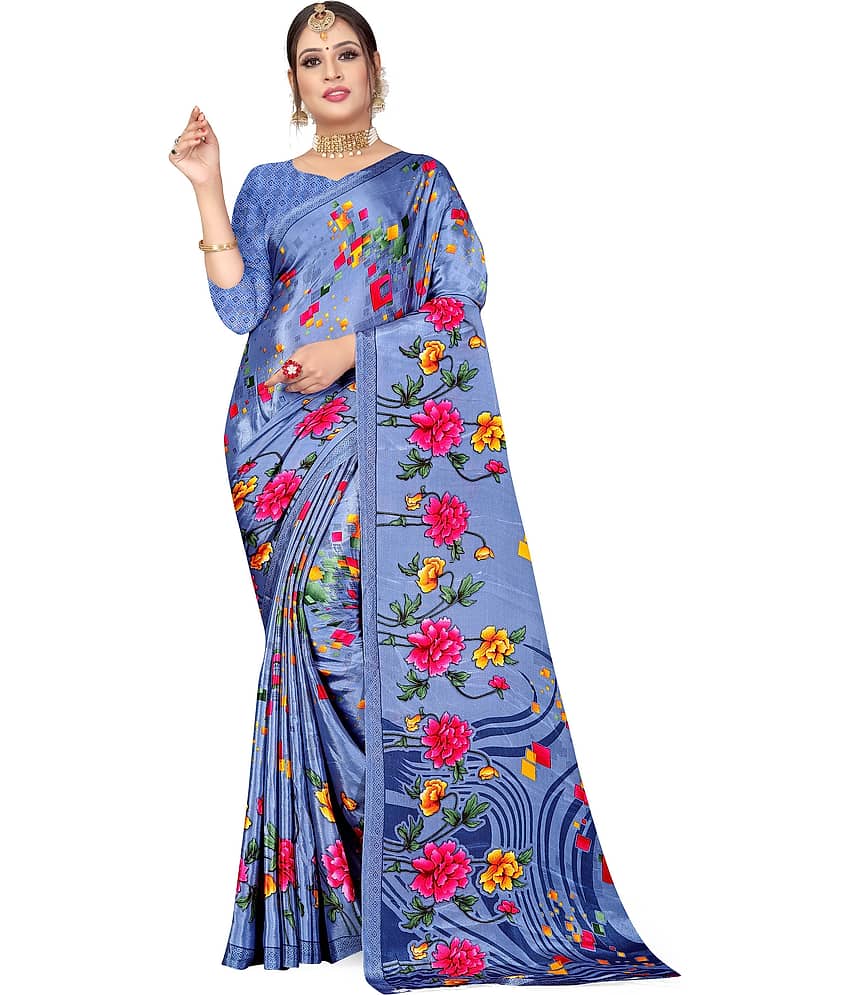 LEELAVATI Crepe Printed Saree With Unstitched Blouse Piece ( Blue )