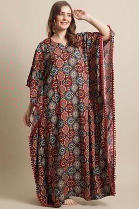 Brown Color Motif Printed Viscose Rayon Kaftan-s
