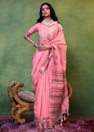 Sundown Pink Woven Design Zari Pure Cotton Saree