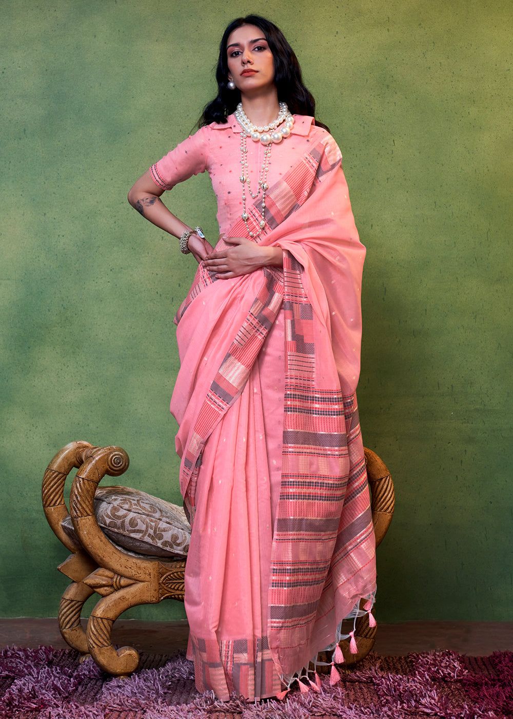 Sundown Pink Woven Design Zari Pure Cotton Saree