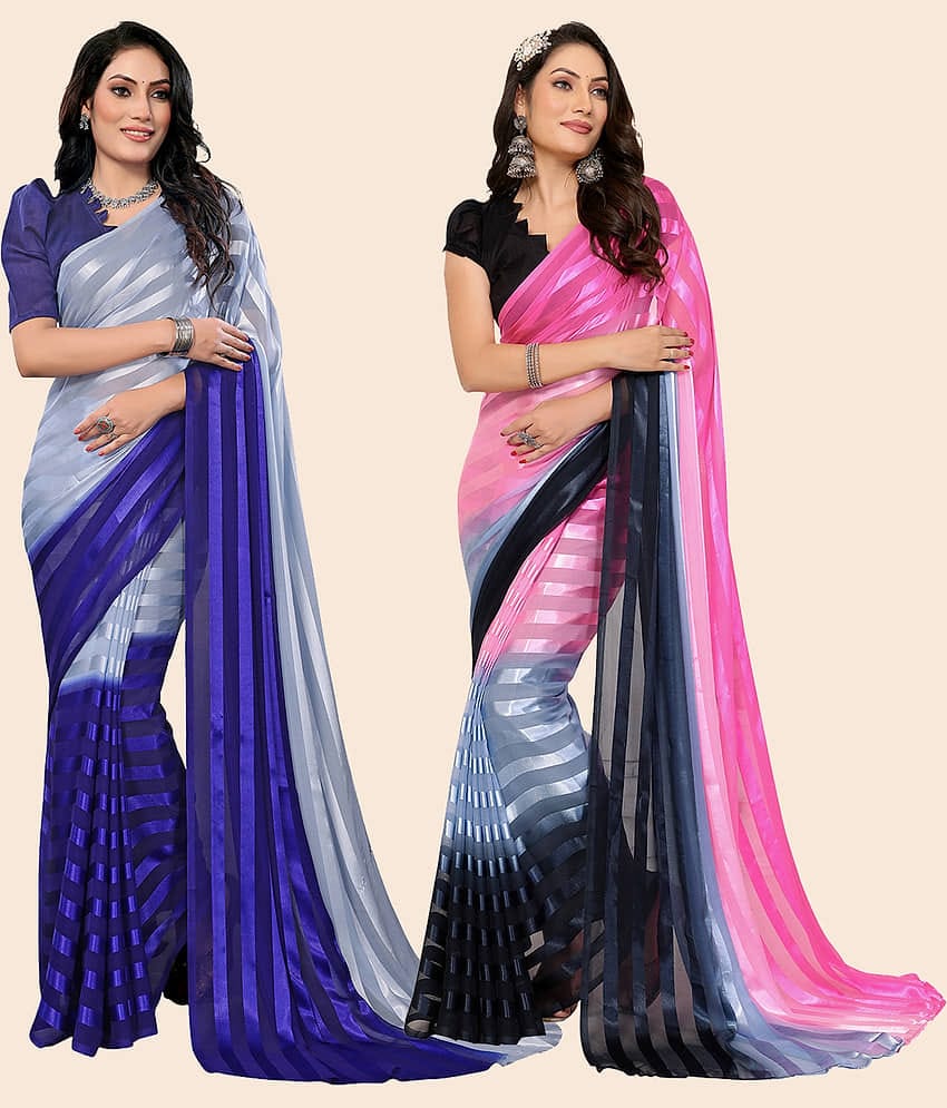 ANAND SAREES Satin Striped Saree With Unstitched Blouse Piece ( Multicolor )