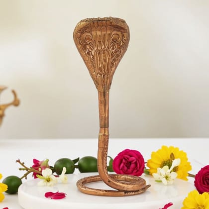 Copper Panch Mukhi Cobra � Spiritual Five-Head Snake Idol, Height : 13.4 Inch (ZMAS312 D)