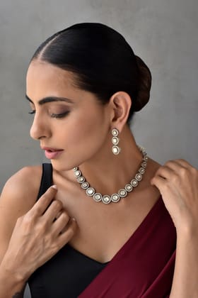 Vihana Silver Polki Single Line Necklace Set-Polki