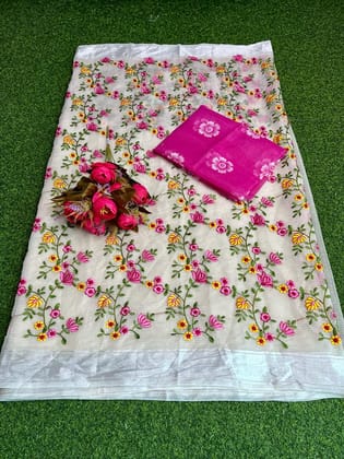 Floral Kota Doria Embroidered Saree Cream
