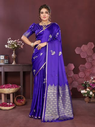 Indigo Blue Satin Silk Floral Print Zari Weaving Banarasi Saree