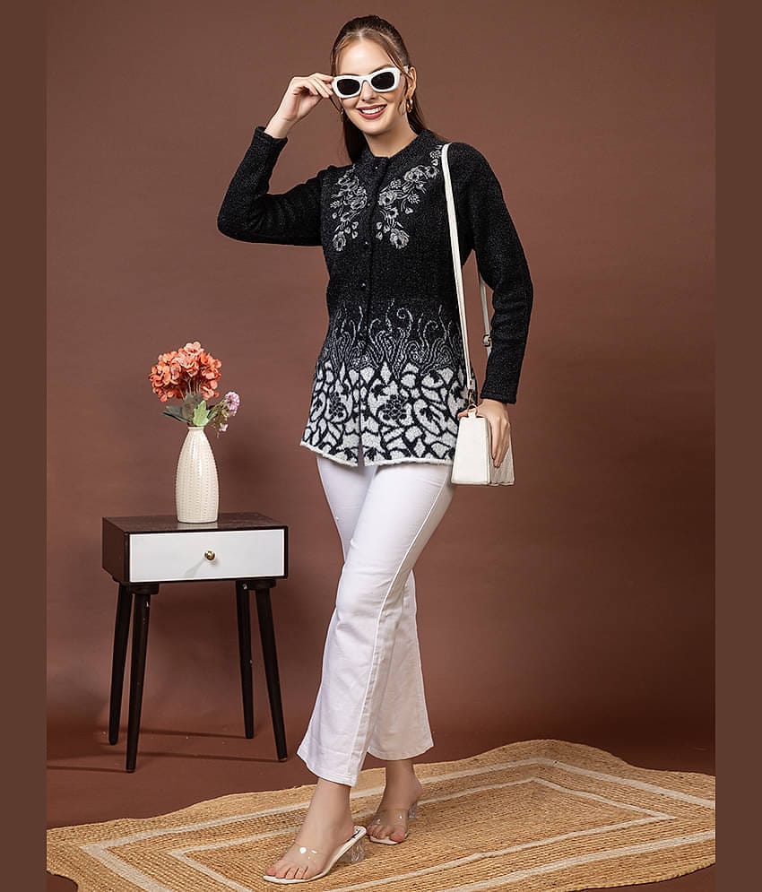 tysort Women Woollen Round Neck Cardigan ( Black )