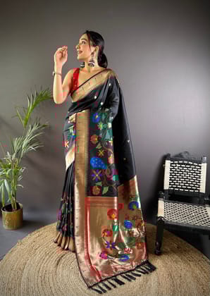 Black Soft Silk Motifs Mina Zari Weaving Paithani Saree