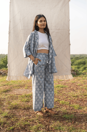 Hand Block Printed Regular Fit Pants - Endless Sky-XS
