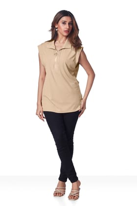 Sleevless Top with Zip in it-BEIGE / L