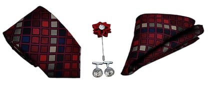 VOICI France Men's checkered design necktie pocket square and cufflink combo gift set red orange Grey multicolor color free size