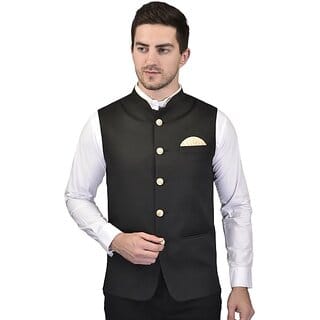 PrintCulture Men Solid Black Cotton Blend Nehru Jacket