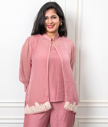 Organza top & pant set with short jacket and thread work-L