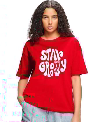 Leotude Women Cotton Blend Printed Oversized Fit Round Neck T-Shirt ( Red )