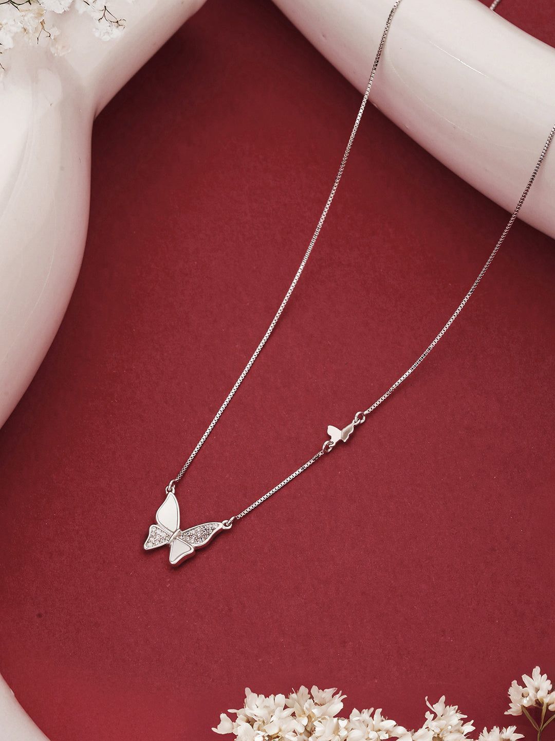 925 Sterling Silver CZ Studded Butterfly Pendant Minimal Necklace & Chain