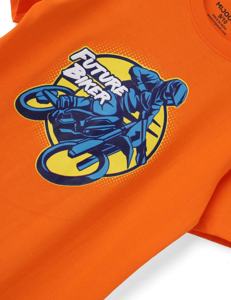 Stylish Kids Boys T shirt Cotton Scarlet Ibis Orange Future Biker 2025 at ShopCircuit | ONDC