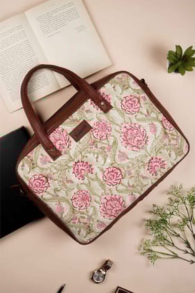 Geneva Garden Hand Block Printed Olive Laptop Bag-16 X 4 X 11.5 in / Beige Gold / Beige