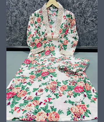 YAGNIK FASHION Women Cotton Blend Self Design A-line Kurti With Pants ( Off White )