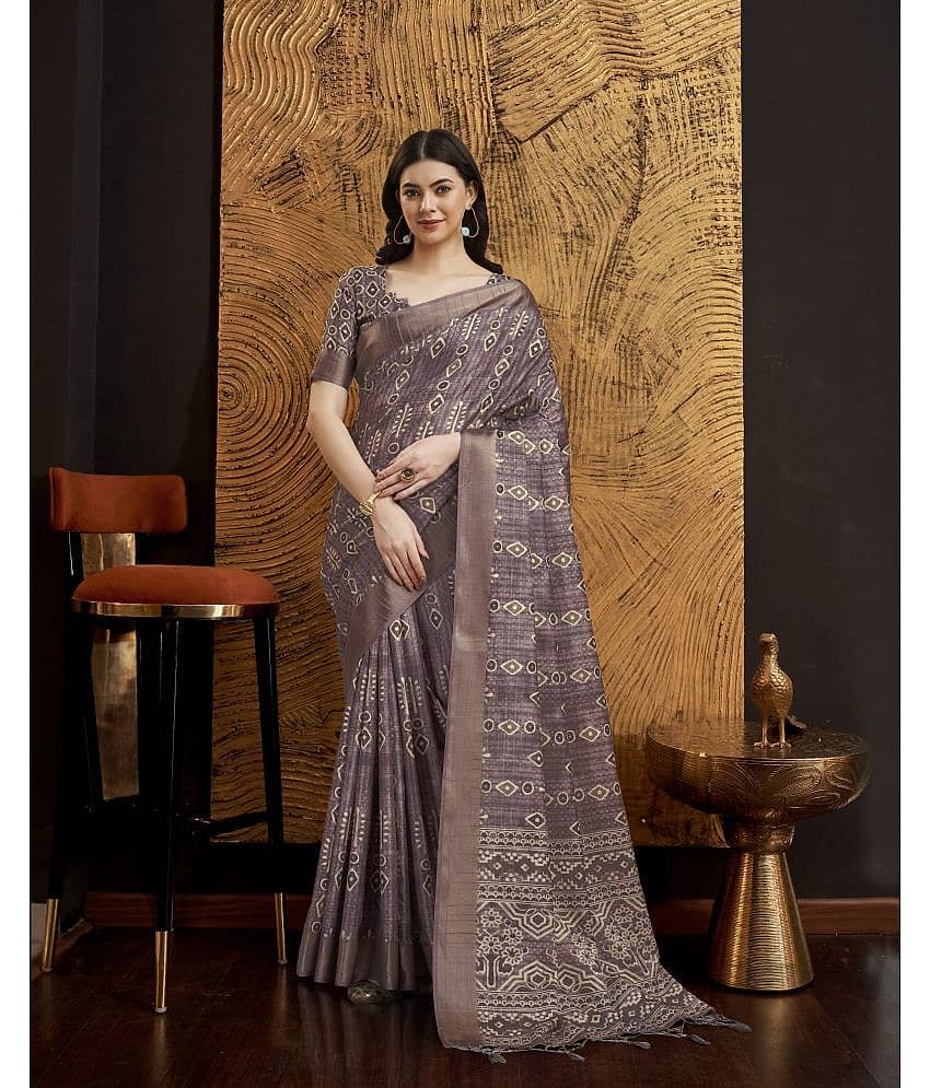 Rekha Maniyar Silk Printed Saree With Unstitched Blouse Piece ( Brown )
