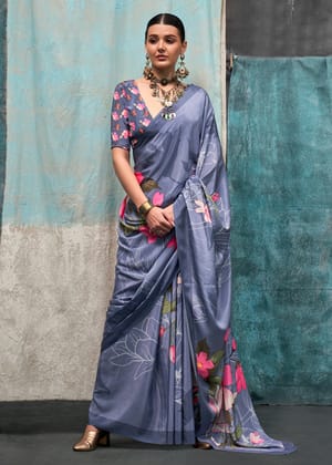 Cloud Blue Satin Crepe Printed Silk Saree