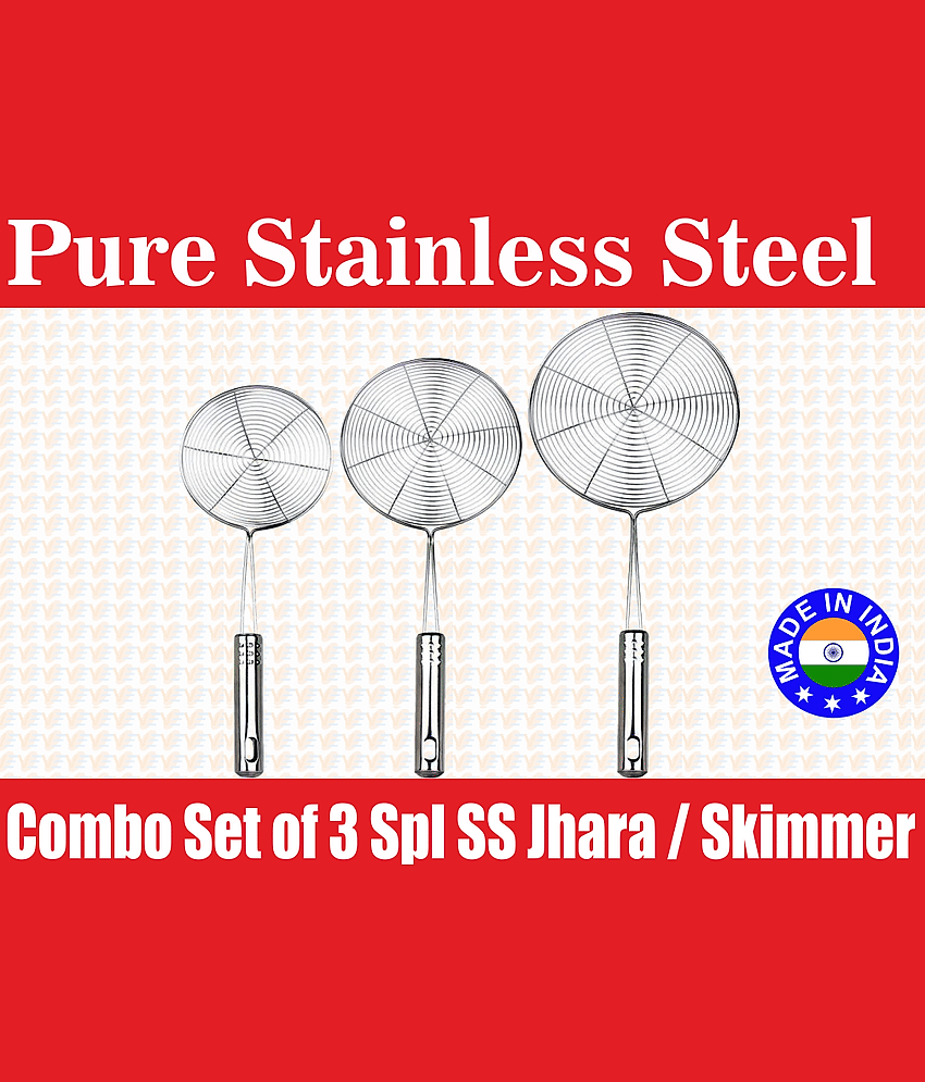 Veer Combo Jhara Set - Stainless Steel Silver No Coating Kitchen Set ( Pack of 3 )