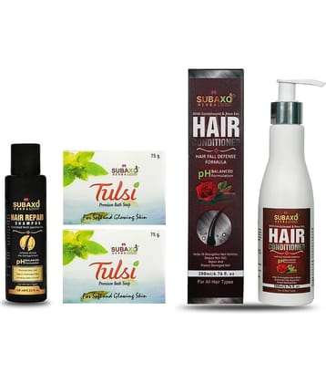Herbal Hair Repair Shampoo | Prevents Hair Fall & Split Ends| 120 Ml & Ayurvedic Tulsi (Basil) Beauty Soap (2 Pc) Each 75 G & Herbal Hair Conditioner | Hair Defense Formula| 200 Ml
