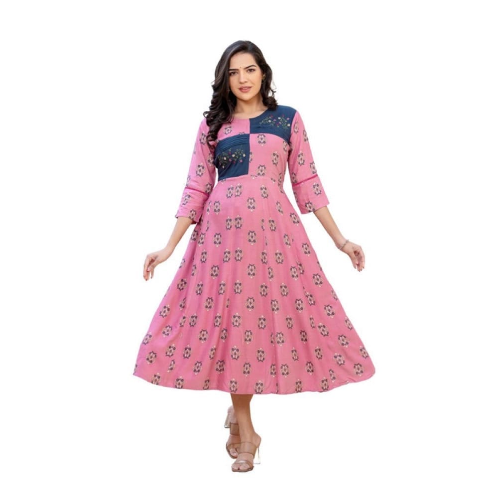 womens rayon print with embroidery work a line kurti wine pid63069