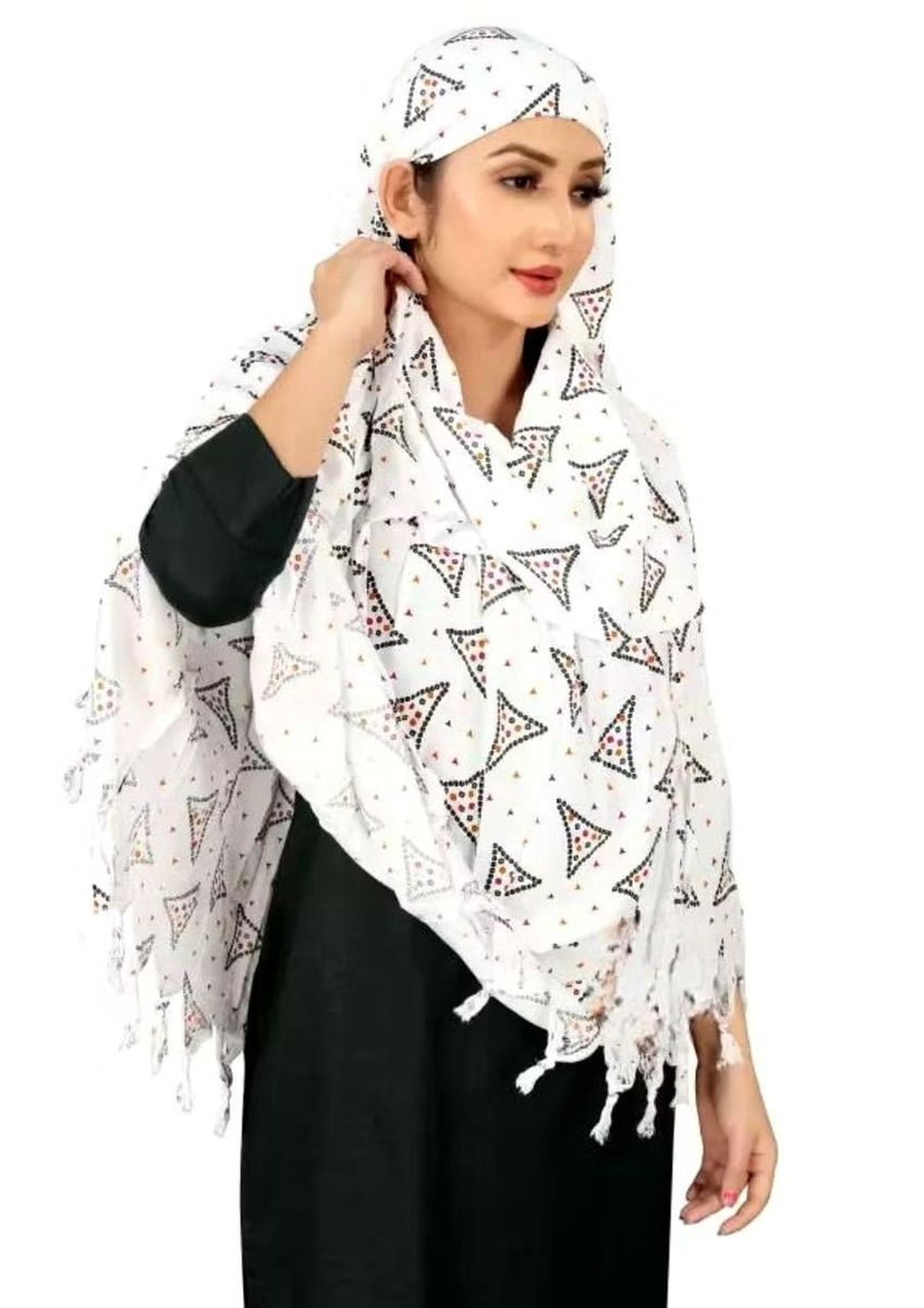 Shiv Textiles White Cotton Shawl Scarf Printed Design Soft Breathable Neck Wrap Headscarf Lightweight Sun Protection Stole Daily Wear Fashion Accessory