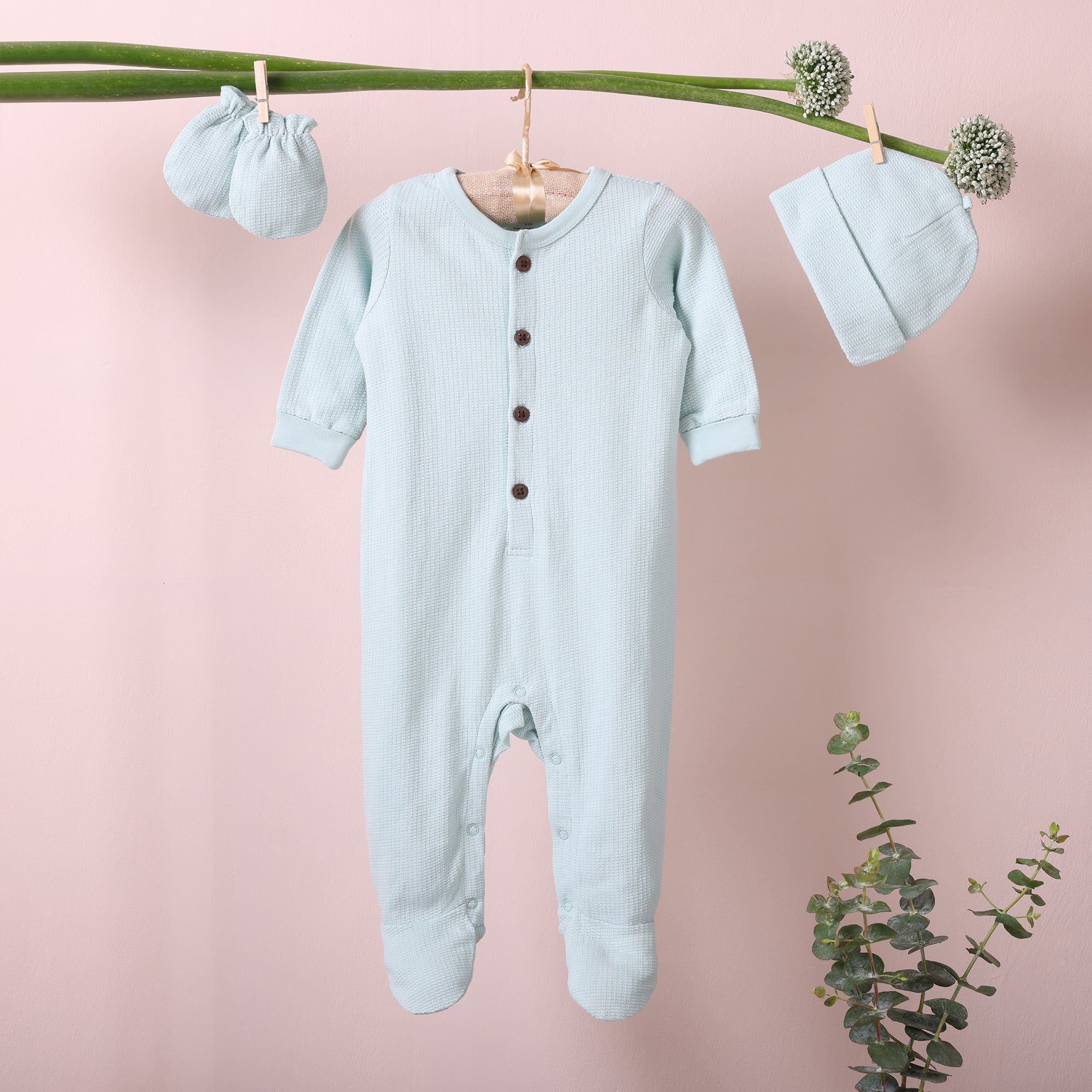 Poshaak Baby Overall Romper Set - Moonlight Jade-Moonlight Jade / 3-6 months with Cap and Mittens