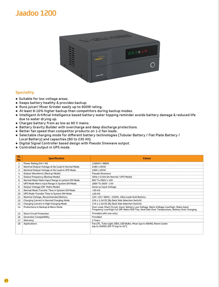 V-Guard Jaadoo 1200 Inverter (Black) | 1100VA / 880W Power Rating | Low Voltage Operation