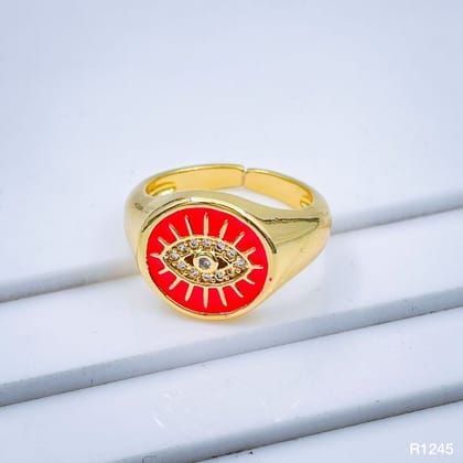 Copper Gold Enamel Dark Pink Evil Eye Free Size Adjustable Ring For Women-Pink