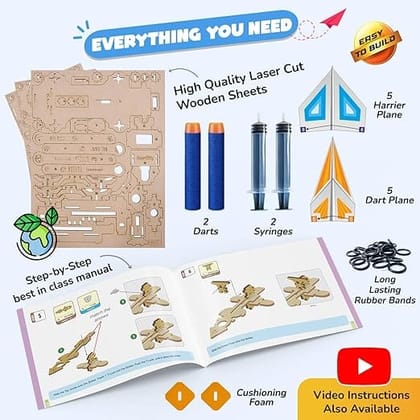 2in1 Hydraulic Aeroplane & Dart Launcher Toy for Kids 6-14 Years Old | Birthday Gifts for Boys & Girls | DIY Science Toy for Kids 6,7,8,9,10,11,12,13,14 YearsI STEM Wooden Construction Game_assorted colour