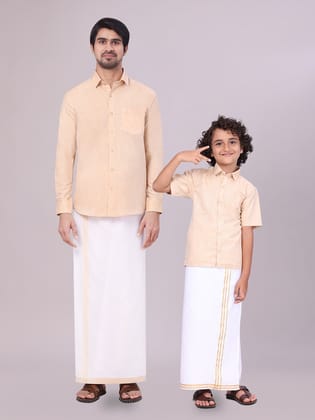Father & Son Sandal Colour Cotton Shirt with Matching Border Dhoti Combo-36 / 1-2 Yrs / H/S