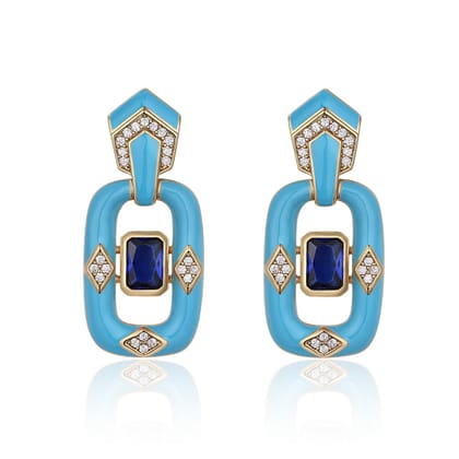 18K Gold Enamel Cubic Zirconia Anti Tarnish Dangler Earring For Women-Light Blue
