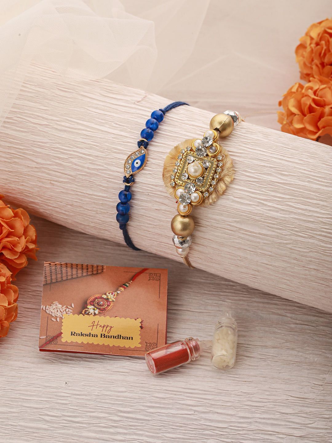 Set Of 2 Evil Eye & Stone Studded Traditional Handcrafted Thread  Rakhi With Roli Chawal