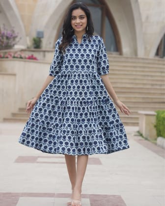 Nazakat Blockprinted Ocean Indigo Cotton Long Dress-32 (3XS)
