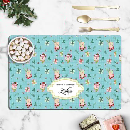 Merry Forest Friends Christmas Tablemat-Aqua