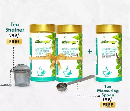 Freshville Lemongrass Tulsi Mint Green Tea | Pure & Natural | Immunity Booster | Control Cholesterol | Heart Health | Lemongrass, Tulsi leaves, Mint, Green tea Tin (100gx3).3 Month Pack