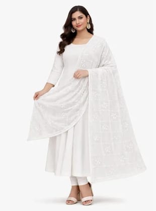 2.25 Meter White Color Chiffon Dupatta For Women Lightweight Elegant Ethnic Dupatta With Traditional Floral Embroidery For Festivals Weddings Parties Daily