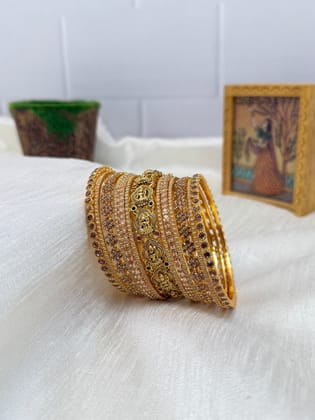 Beautiful Lavender And Rose Temple Metal & Stone Bangle Set - 5140-2.2 / Both Hands (you will get 2 sets)