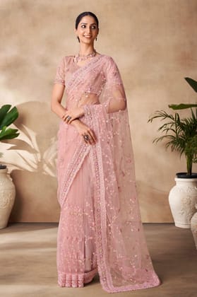Pink Embroidered Net Saree